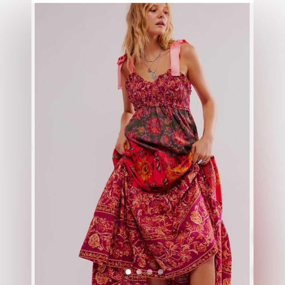 FREE PEOPLE | Maxi Dress with Ribbon Straps - Floral Magenta Combo | XS